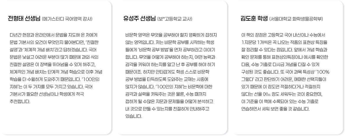 전형태 선생님 (메가스터디 국어영역 강사) 다년간 현장과 온라인에서 문법을 지도해 온 저에게 문법 기본서의 요건이 무엇인지 물어본다면, '친절한 설명'과 '체계적 개념 배치'라고 답하겠습니다. 국어 문법은 낯설고 어려운 부분이 많기 때문에 과외식의 친절한 설명은 이 장벽을 뛰어넘을 수 있게 해주고, 체계적인 개념 배치는 단계적 개념 학습으로 이후 개념 학습을 더 수월하게 도와주기 때문입니다. '100인의 지혜'는 이 두 가지를 모두 가지고 있습니다. 국어 기본서가 필요한 선생님이나 학생에게 적극 추천합니다. 유성주 선생님 (보*고등학교 교사) 비문학 영역은 무엇을 공부해야할지 명확하게 잡히지 않는 영역입니다. 저는 비문학 공부를 시작하는 학생 들에게 '비문학 공부 방법을 먼저 공부하라고 이야기 합니다. 무엇을 어떻게 공부해야 하는지, 어떤 능력과 감각을 키워야 하는지를 알고 난 후 공부를 해야 하기 때문이죠. 하지만 안타깝게도 학생 스스로 비문학 공부 방법을 터득하도록 도와주는 교재는 시중에 많지가 않습니다. '100인의 지혜'는 비문학에 대한 감각과 실력을 키워주는 것은 물론, 수능때까지 접하게 될 수많은 지문과 문제들을 어떻게 분석하고 내 것으로 만들 수 있는지를 친절하게 안내해주고 있습니다. 김도훈 학생 (서울대학교 화학생물공학부) 이 책의 장점은 고등학교 국어 내신이나 수능에서 1지문당 1개씩은 꼭 나오는 작품의 표현상 특징을 잘 정리할 수 있다는 점입니다. 앞에서 개념 학습과 확인 문제를 통해 표현상의특징이나 예시를 확인한 다음, 수능기출로 다시금 개념을 다질 수 있게 구성된 것도 좋습니다. 또 국어 과목 특성상 '100% 그렇다'라고 판단하기 어려운, 애매한 선택지들이 있기 때문에 이 정도면 적절하다거나 적절하지 않다는 선을 어느 정도 세워두는 것이 중요한데, 이 기준을 이 책에 수록되어 있는 수능기출로 연습하면서 세워보면 좋을 것 같습니다.